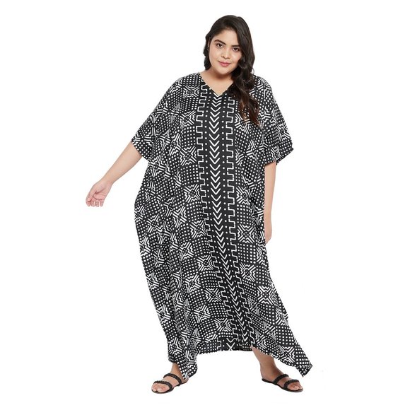 Plus Size Tribal Printed Black Polyester Kaftan Dress for Women by Gypsie Blu - Picture 1 of 8